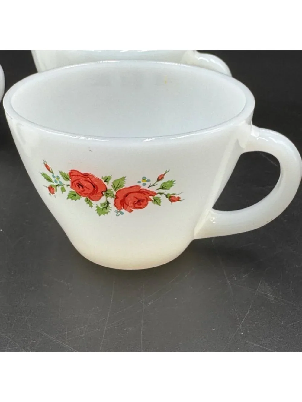 Anchor Hocking Fire-King Milk Glass Teacups W/ Red Rose Pattern Set Of 4 Vintage